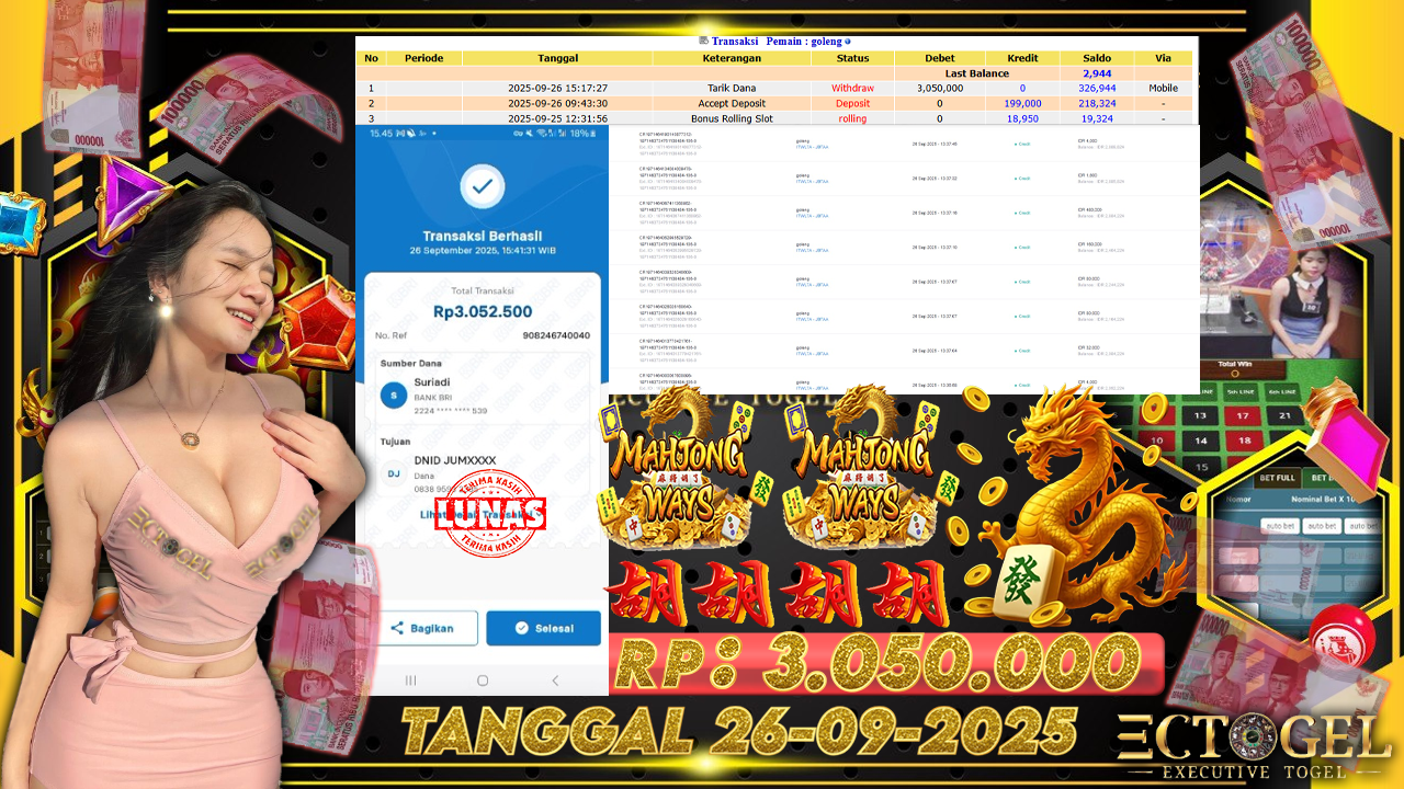 BUKTI JACKPOT SLOT PG SOFT MAHJONG WAYS  TERPERCAYA DI INDONESIA TGL 26-09-2025